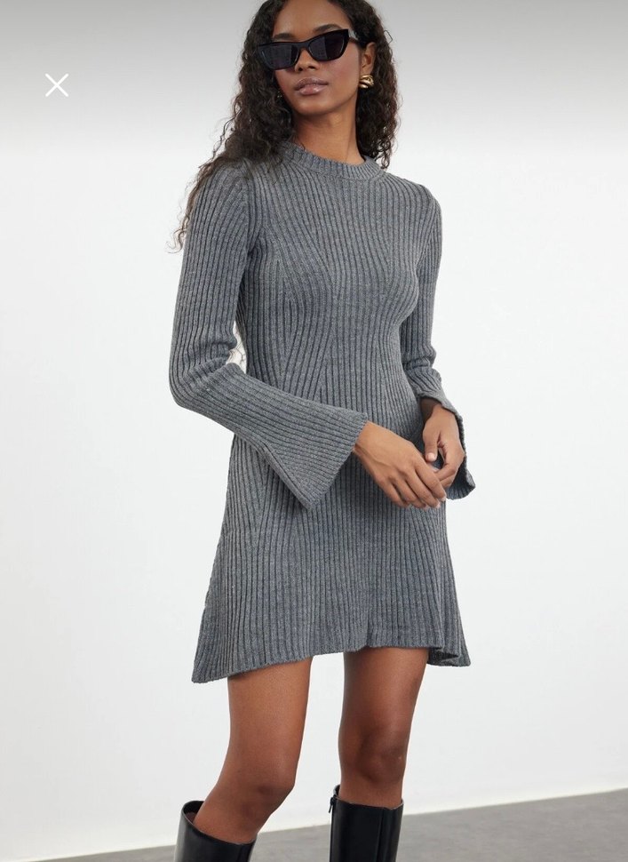 Gri Triko Midi Elbise - Görsel 2