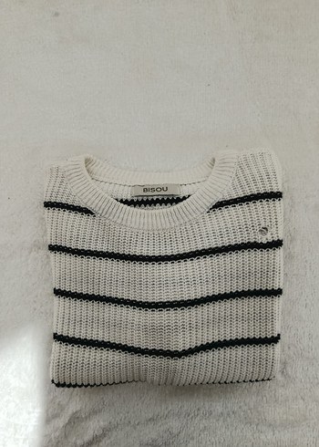 Çizgili Beyaz Kadın Triko Kazak - Görsel 3