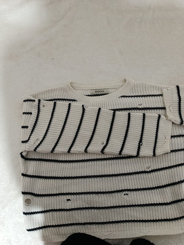 Çizgili Beyaz Kadın Triko Kazak - Görsel 2