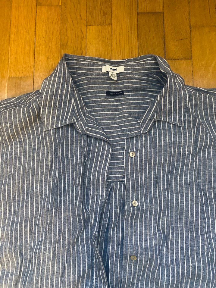 Düğmeli Mavi Pamuk Gömlek - Görsel 2