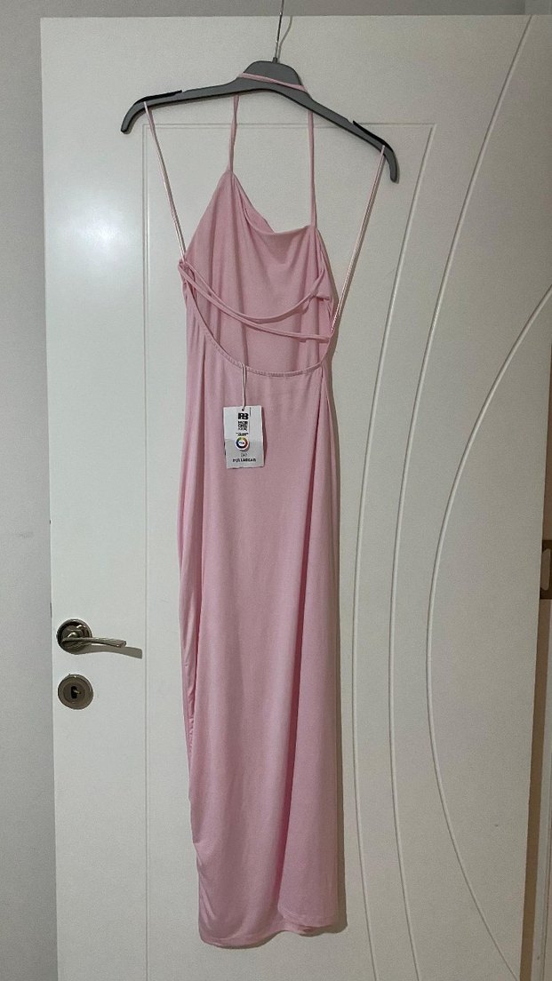 Pudra Pembe Drapeli Uzun Elbise - Görsel 2