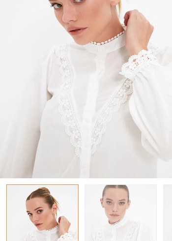 Düğmeli Beyaz Nakışlı V Yaka Gömlek - Görsel 2