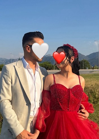 s Beden Kırmızı Taş İşlemeli Strappy Midi Abiye