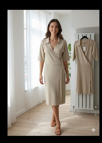 Bej V Yaka Keten Midi Elbise - Görsel 3