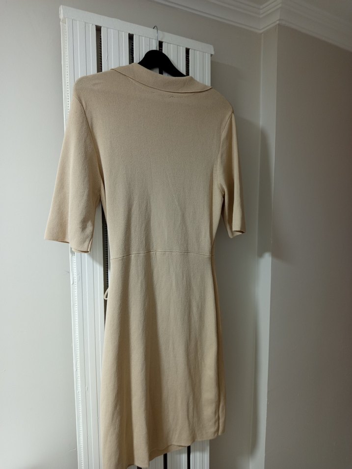 Bej V Yaka Keten Midi Elbise - Görsel 2