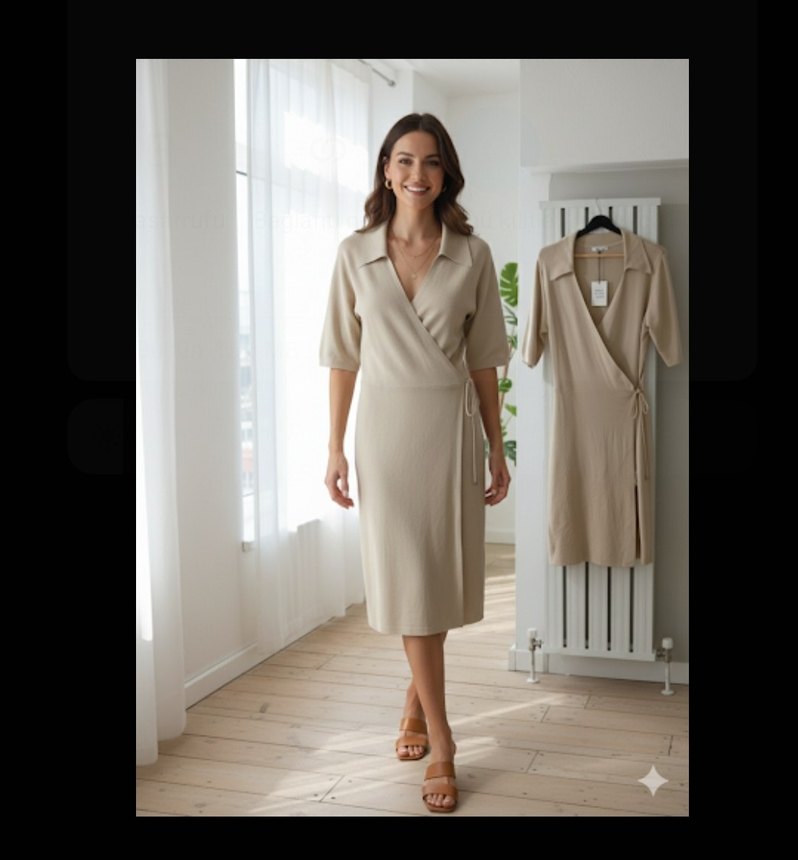 Bej V Yaka Keten Midi Elbise - Görsel 3