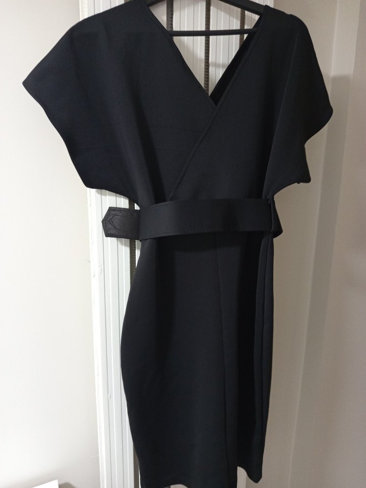 Kemerli Siyah Midi Ofis Elbisesi - Görsel 3