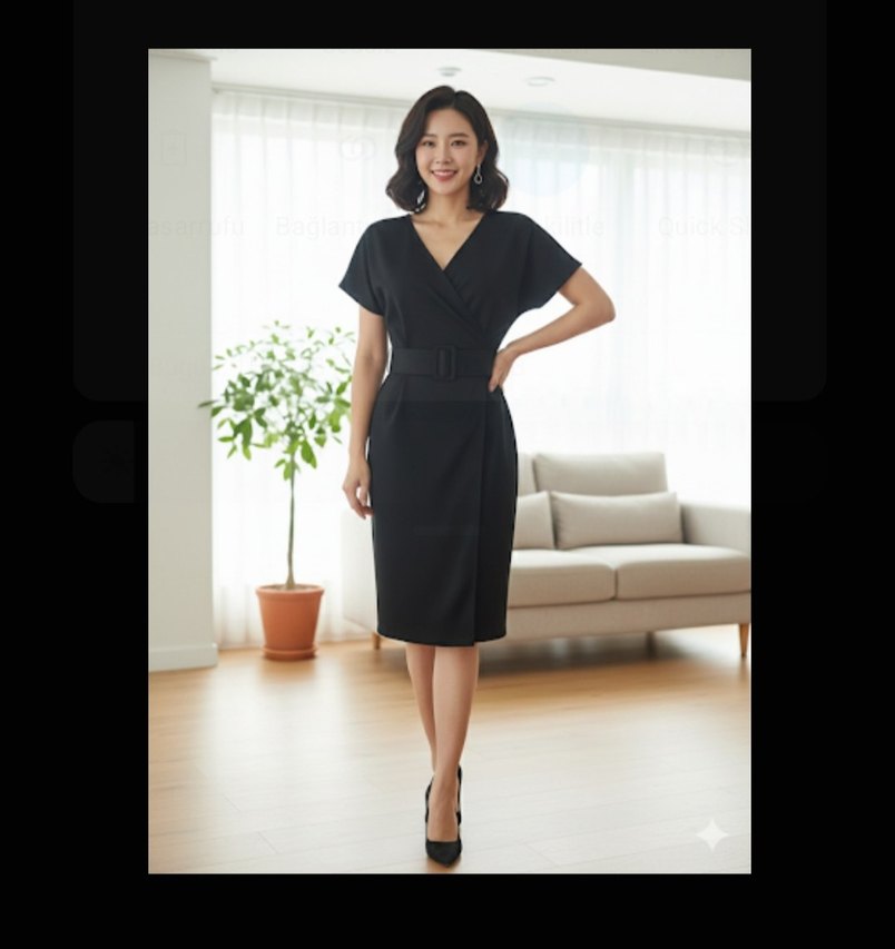 Kemerli Siyah Midi Ofis Elbisesi - Görsel 2