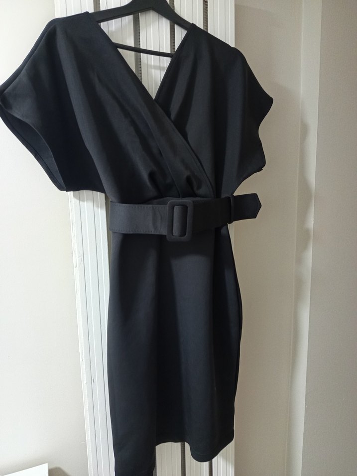 Kemerli Siyah Midi Ofis Elbisesi - Görsel 4