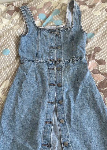 Düğmeli Mavi Denim Midi Elbise