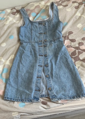 s Beden Düğmeli Mavi Denim Midi Elbise