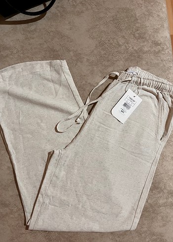 Bej Bol Kesim Keten Kadın Pantolon - Görsel 5