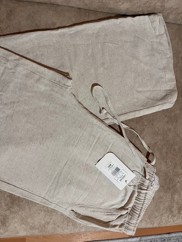 Bej Bol Kesim Keten Kadın Pantolon - Görsel 4