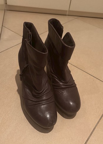 Deri Kahverengi Dolgu Topuklu Kadın Bot - Görsel 4