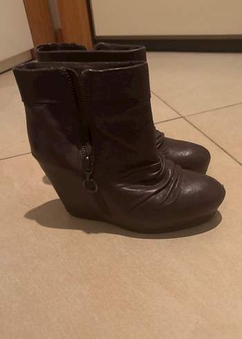 Deri Kahverengi Dolgu Topuklu Kadın Bot - Görsel 6