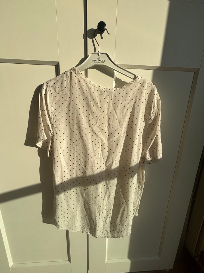 Bej Puantiyeli V Yakalı Keten Bluz - Görsel 2