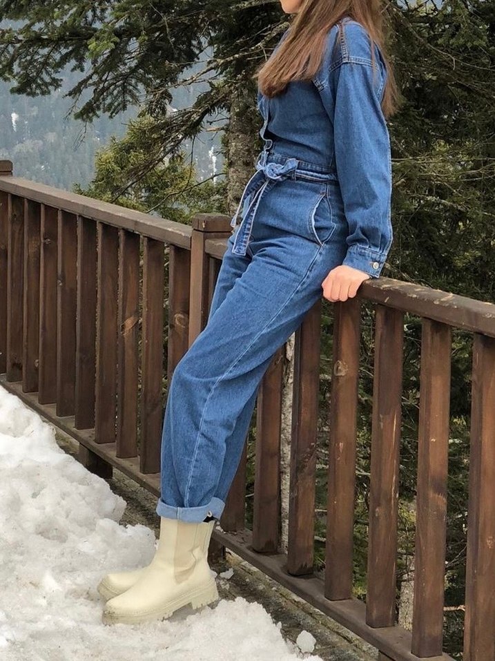 Kadın Mavi Denim Uzun Tulum - Görsel 4