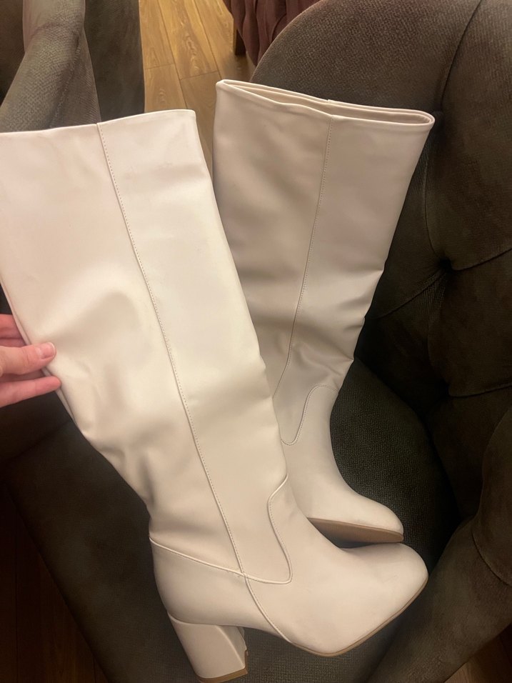 Beyaz Deri Dizüstü İnce Topuklu Çizme - Görsel 2