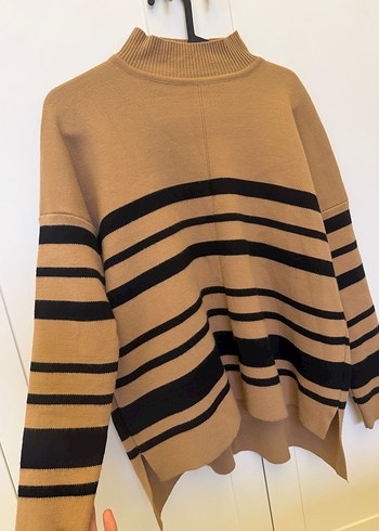 Boğazlı, Çizgili Kahverengi Triko Kazak - Görsel 4
