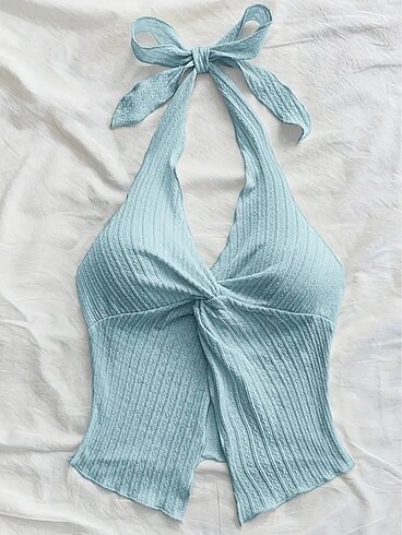 pastel mavi halter yaka üst ????