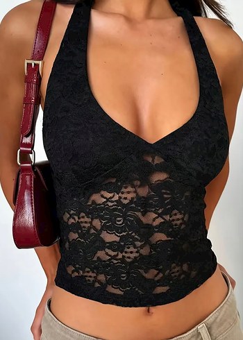 s Beden Dantel Detaylı Siyah V Yaka Fitted Atlet