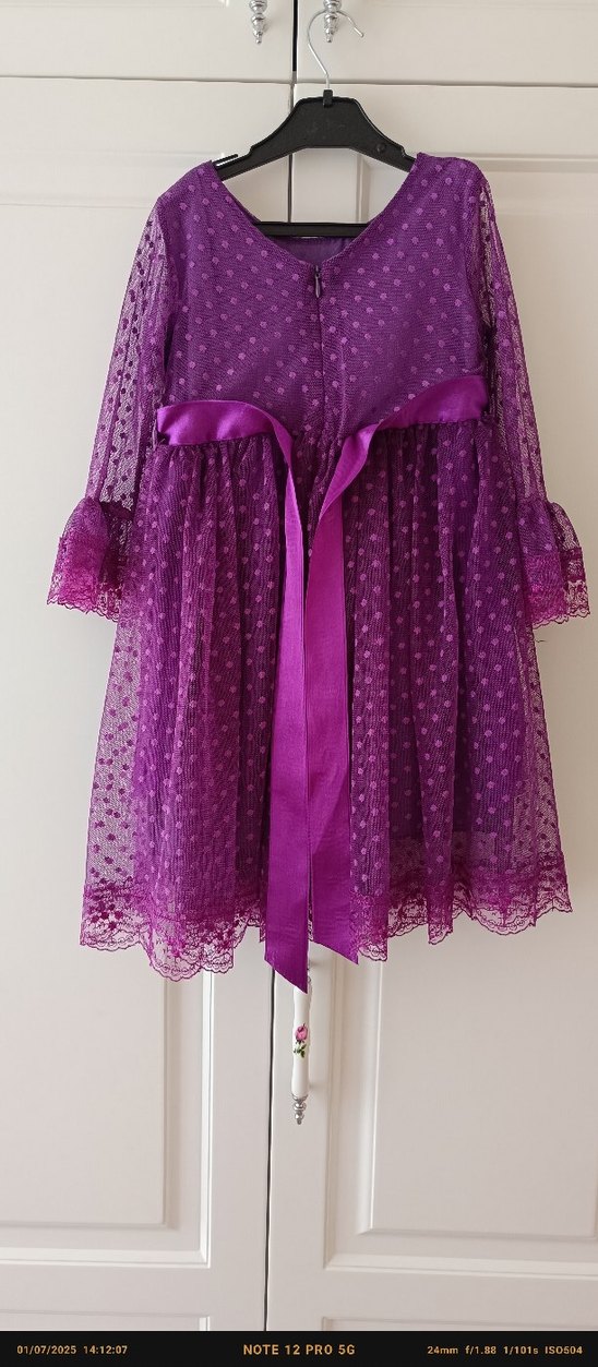 Kız Çocuk Mor Dantel Uzun Kollu Elbise - Görsel 2