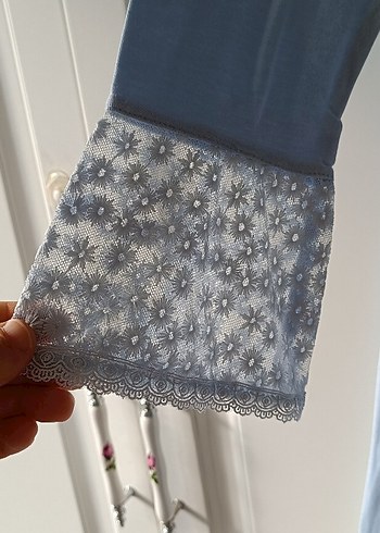 Nakış Detaylı Uzun Kollu Mavi Hamile Gecelik - Görsel 5