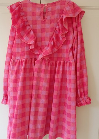 Pembe Kareli Fırfırlı Kız Elbisesi - Görsel 5