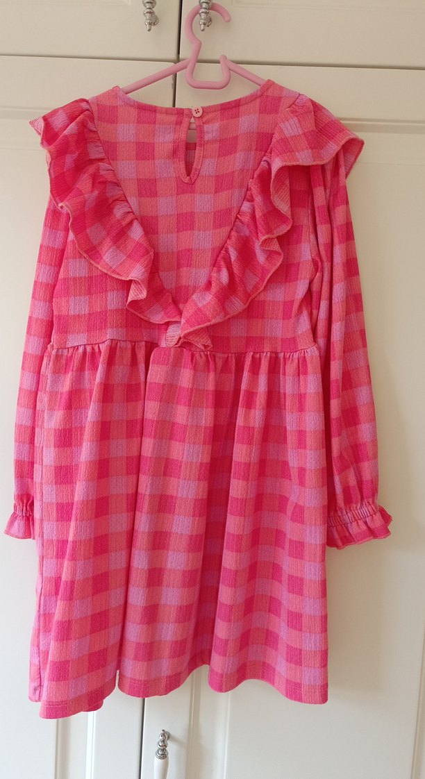 Pembe Kareli Fırfırlı Kız Elbisesi - Görsel 5