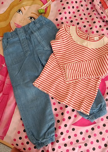 Pembe Çizgili Fırfırlı Bebek Kız Takımı