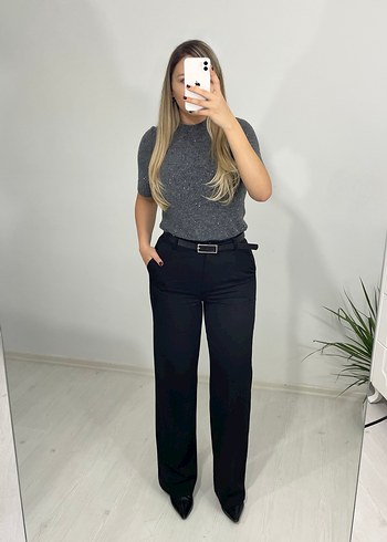 Siyah düz paça kumaş pantolon - Görsel 2