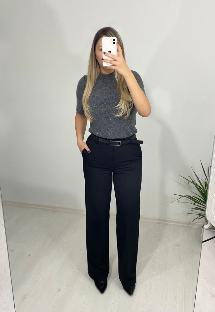 Siyah düz paça kumaş pantolon - Görsel 2