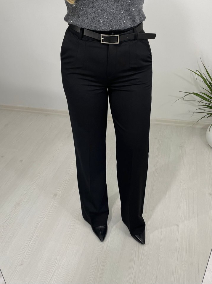 Siyah düz paça kumaş pantolon - Görsel 3