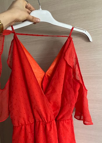 Kırmızı  turuncu V Yakalı Mini Bohem Elbise - Görsel 3