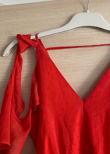 Kırmızı  turuncu V Yakalı Mini Bohem Elbise - Görsel 2