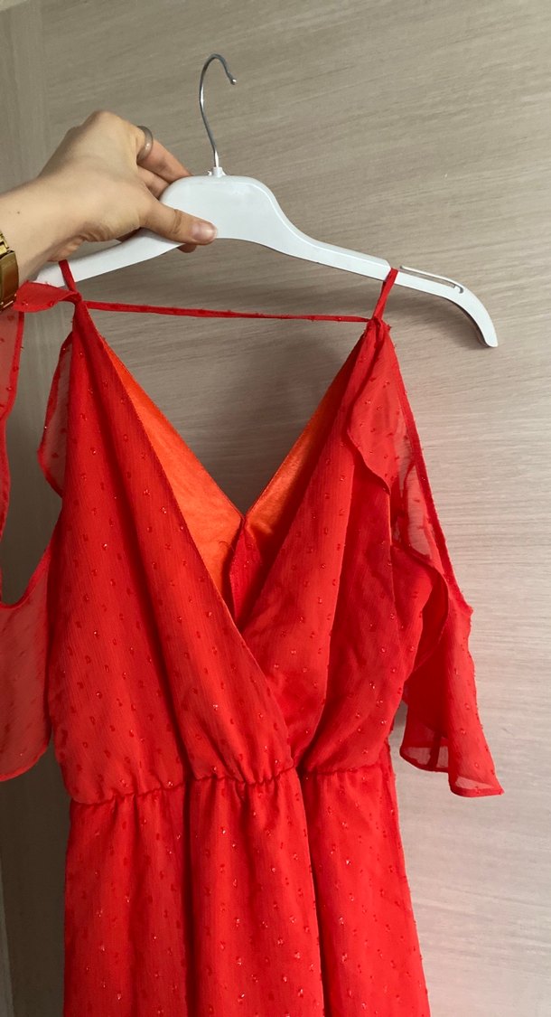 Kırmızı  turuncu V Yakalı Mini Bohem Elbise - Görsel 3