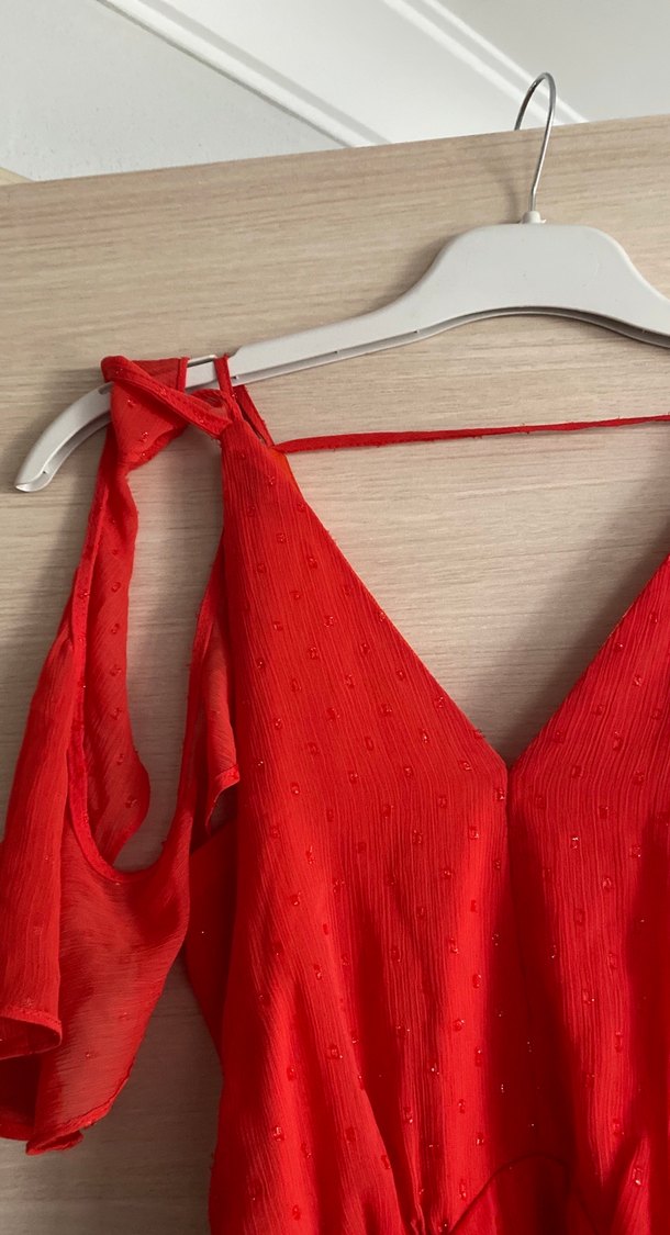 Kırmızı  turuncu V Yakalı Mini Bohem Elbise - Görsel 2