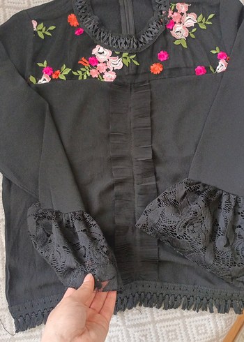 Nakışlı Siyah Bohem Kadın Bluz - Görsel 3