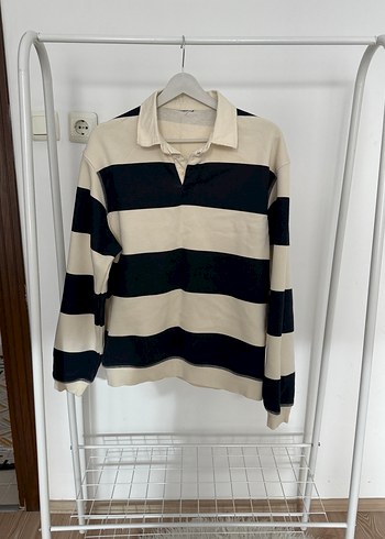 Bej Siyah Çizgili Pamuklu Kadın Sweatshirt