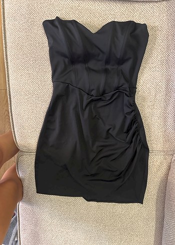 Siyah Straplez Mini Drapeli korseli Elbise bershka