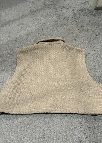 Düğmeli Bej Keten Mini Kadın Yelek - Görsel 2