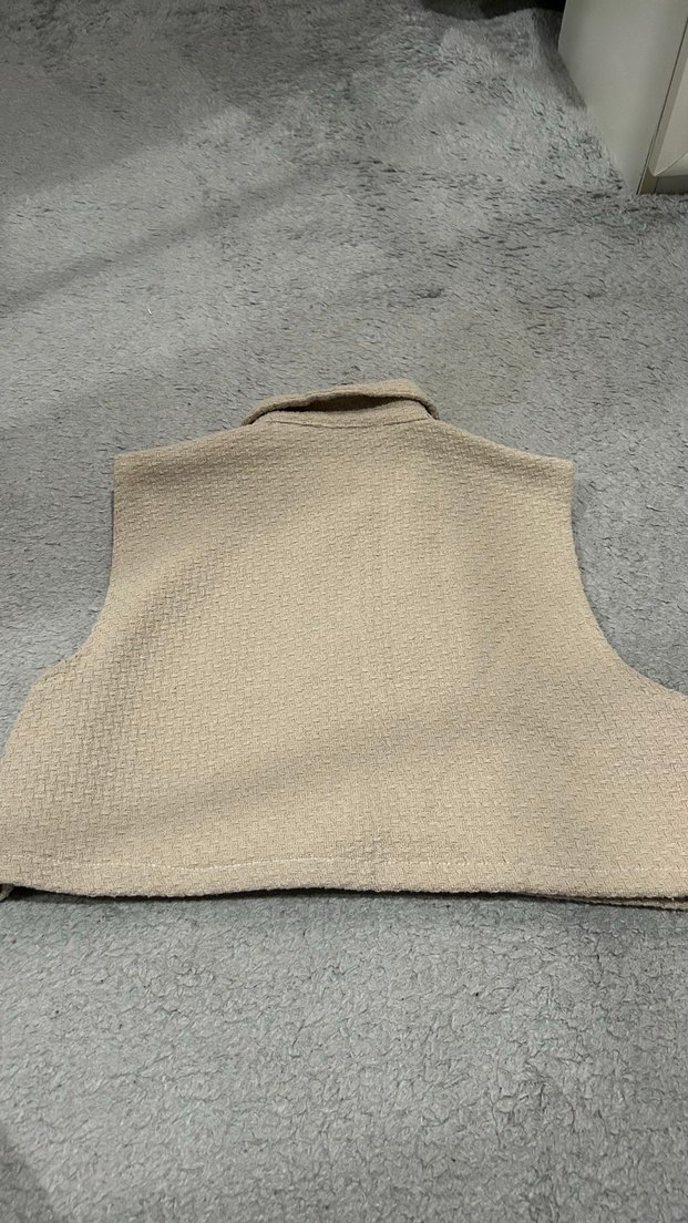 Düğmeli Bej Keten Mini Kadın Yelek - Görsel 2