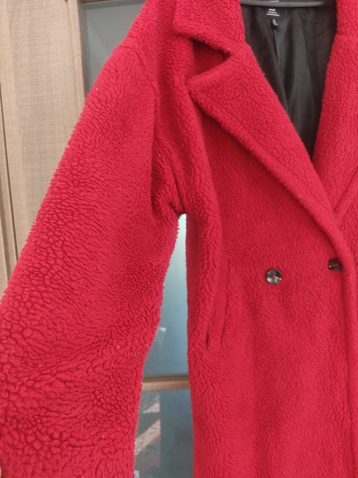 Düğmeli Kırmızı Kadın Kaban - Görsel 5