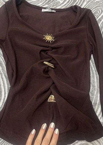 Düğmeli Kahverengi V Yaka Bluz - Görsel 2