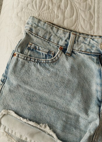 36 Beden mavi Renk Gri Mini Denim Şort, Rahat Kesim