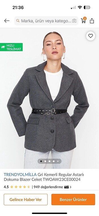 Gri Kemerli Kadın Blazer ceket.