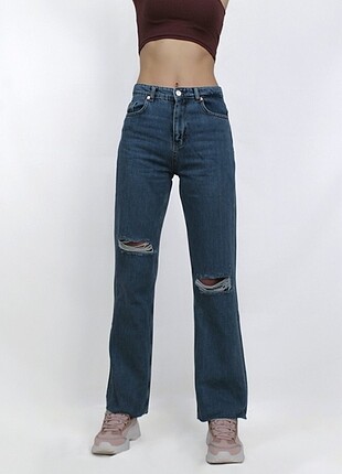 Distressed Yüksek Bel Straight fit Jean