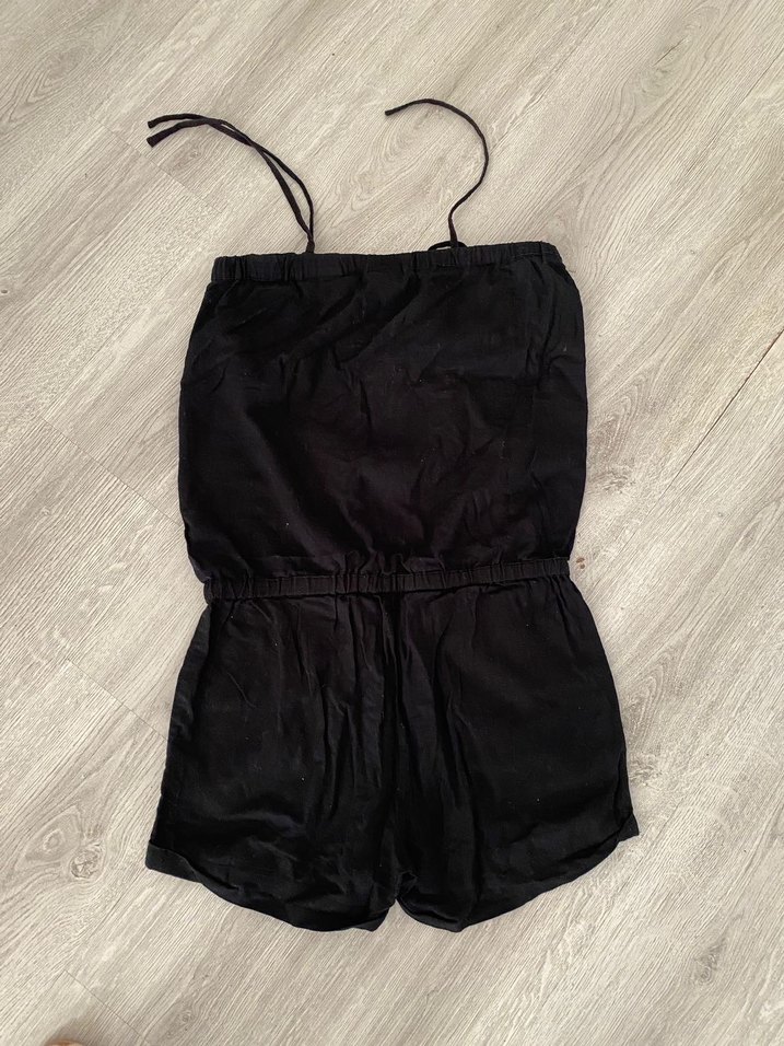 Kadın Siyah Keten Askılı Tulum - Görsel 2