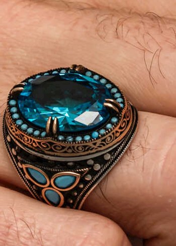 Turkuaz Taşlı Bohem Erkek Yüzük Gümüş - Görsel 2