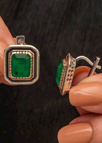 Zincir Detaylı Parlak Yeşil Kare Kolye gümüş - Görsel 3